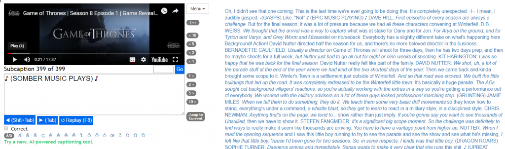screen shot showing youtube video, editor, and full transcript