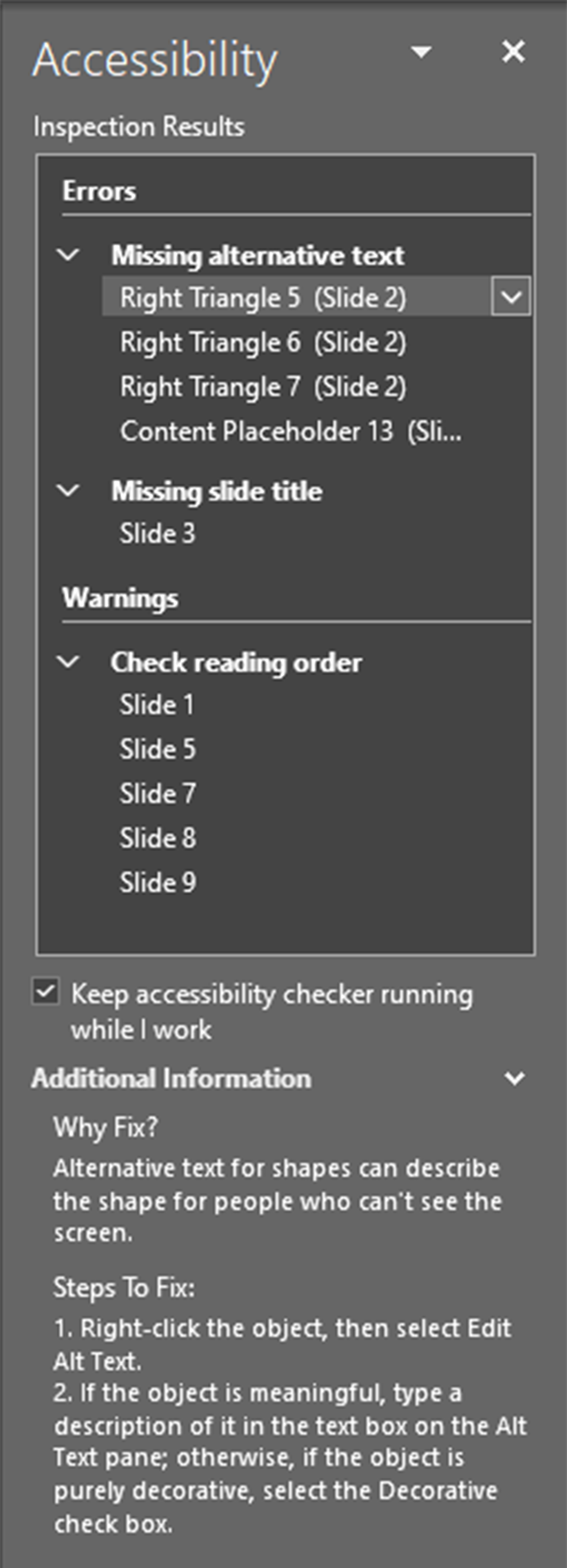 Screenshot of the Accessibility Pane in PowerPoint, displaying a number of alt text, slide title, and reading order issues. The information of why an issue should be fixed and how to do so is shown at the bottom of the pane.