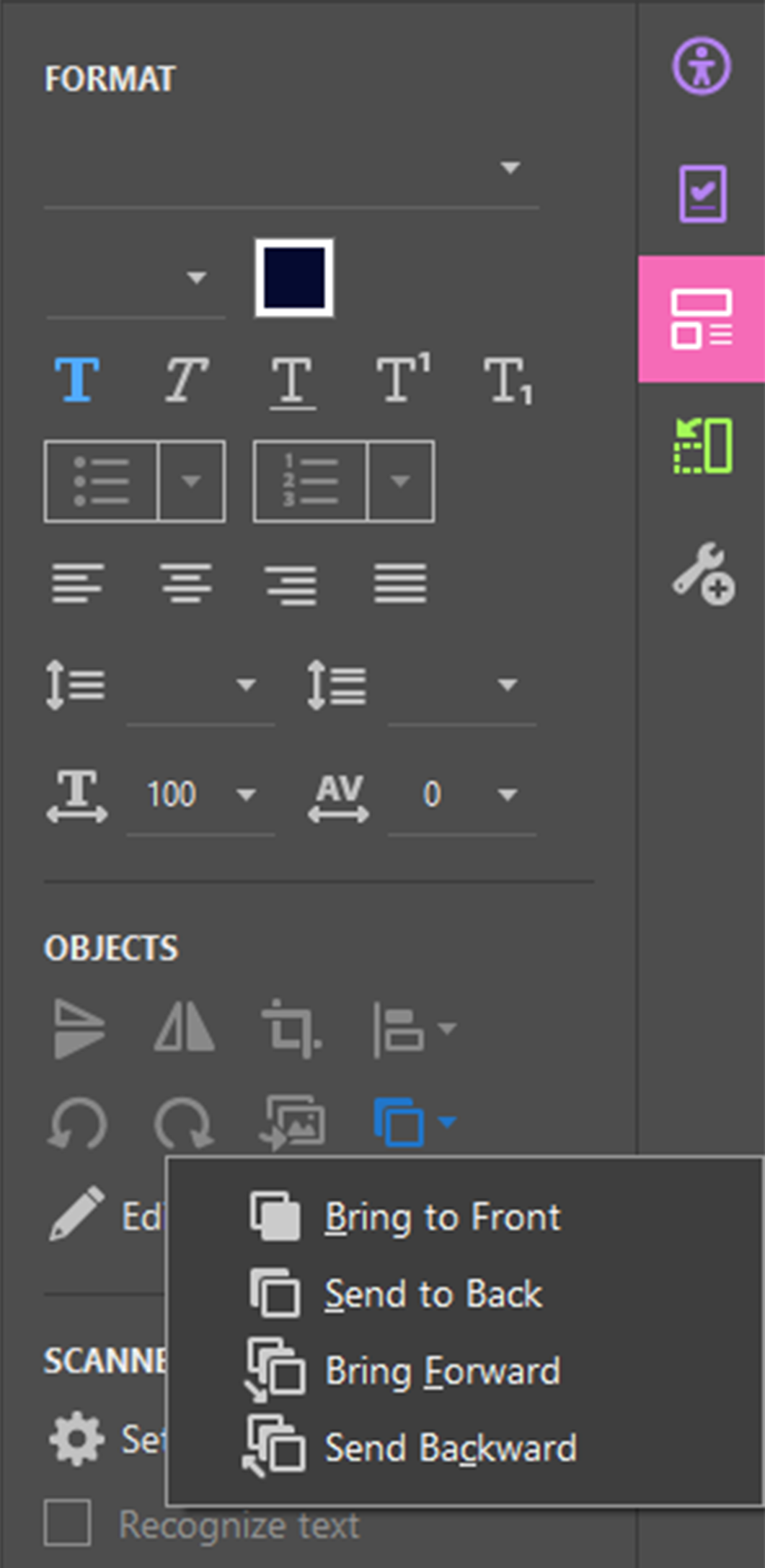 Screenshot of the Edit PDF tool sidebar with the Arrange options dropdown open.